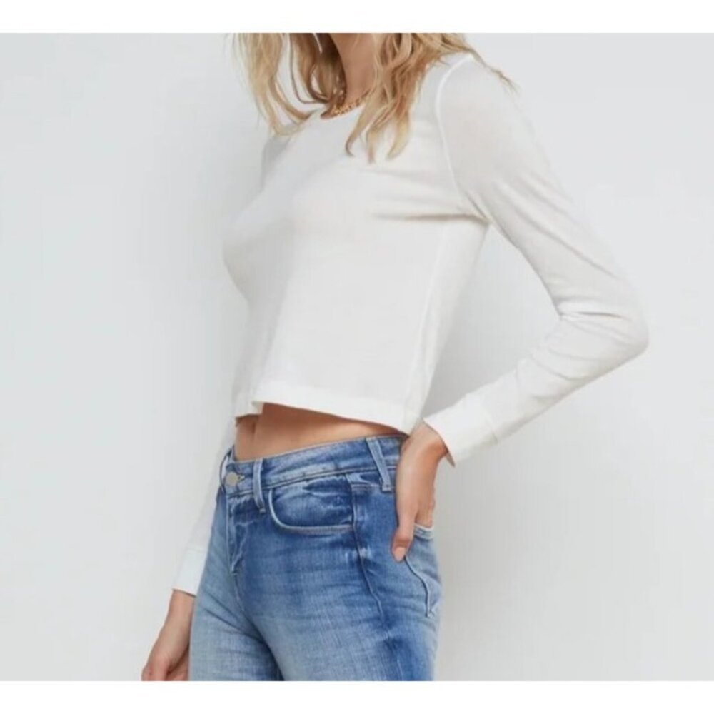 L'Agence Benny Long Sleeve Crop Crew Neck Tee White Organic Cotton Size S NWT - Picture 2 of 7